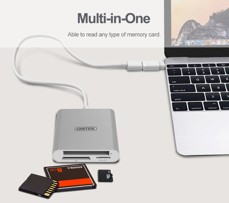 UNITEK USB 3.0 to SD MicroSD CF Aluminium Card Reader with USB-C Type-C Adapter Y-9313D