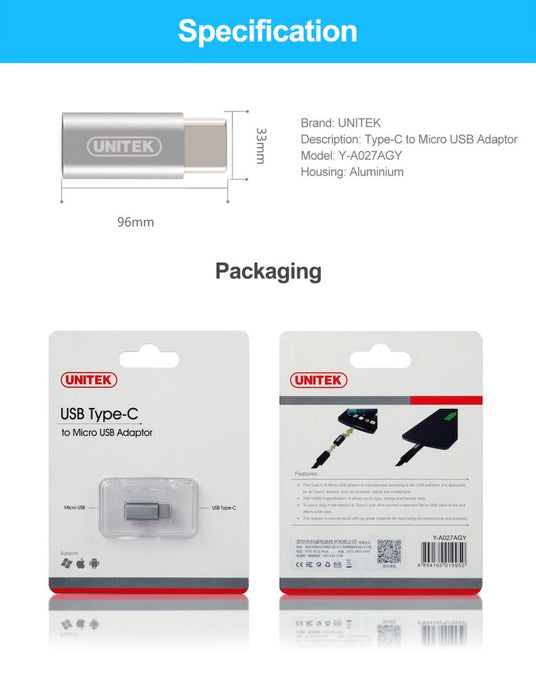 Tough Tested Micro USB Rugged Car Charger PCTT-MICRO + UNITEK Micro USB to USB-C Adapter Y-A027AGY