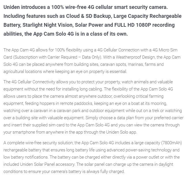Uniden APPCAM SOLO 4G Smart Security Camera Kit inc Solar Panel