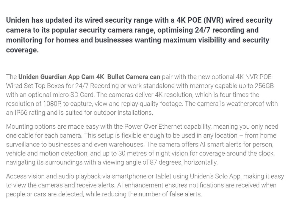 Uniden APP CAM 4K Bullet Wired Indoor / Outdoor 4K (8MP) Bullet Camera