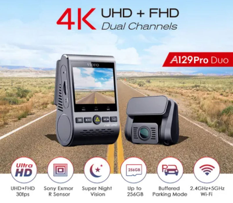 Viofo DashCam Dash Cam A129 PRO DUO 4K FRONT + HD 1080P Rear Dual Wifi GPS A129PRODUO-G
