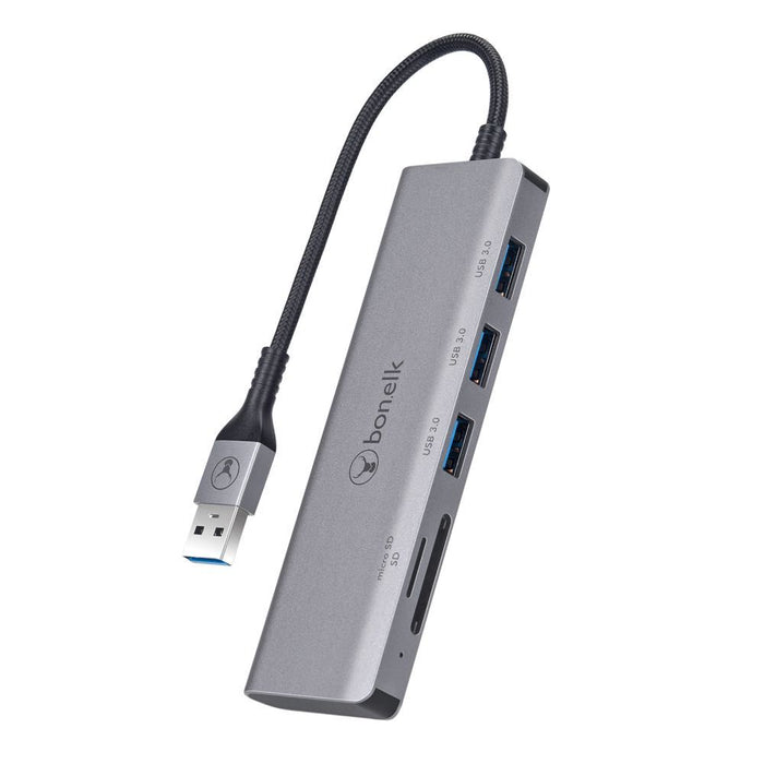 Bonelk Long-Life USB-A to 3 Port USB 3.0 + SD/Micro SD Reader (Space Grey)